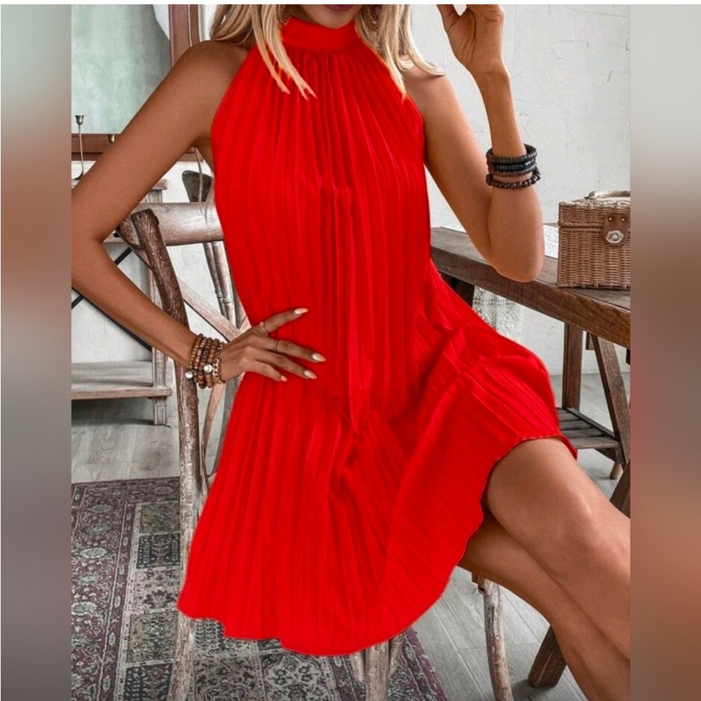 New Luxe Pleated Swing Dress Bow Tie Back Halter Neck Red